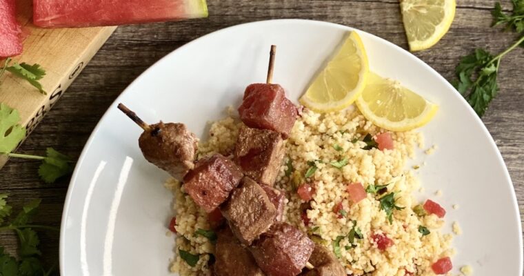Moroccan Spiced Tuna and Watermelon Skewers with Lemon Pistachio Couscous