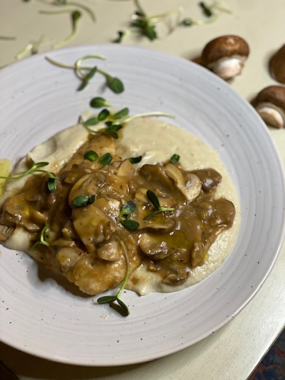 Skillet Chicken and Mushrooms with Roasted Sunchoke Puree